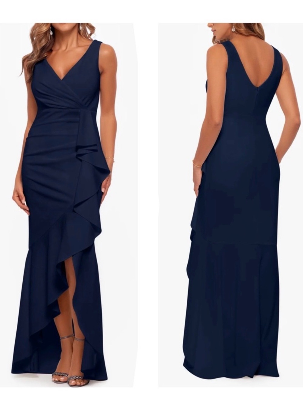 NWT Betsy & Adam “Cadence” Navy Long V Neck Hi Low Cascade Dress 14P